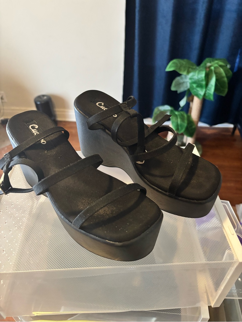 Black Strappy Platform Wedge Sandals - Casual Height